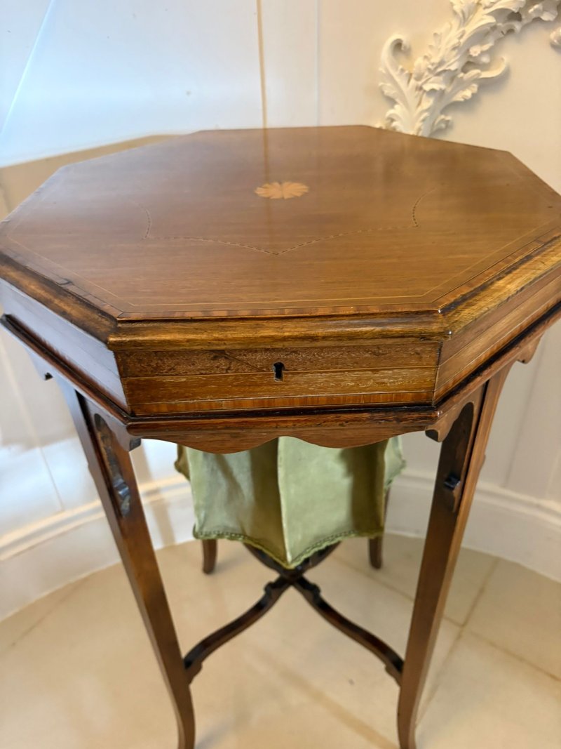 Antique Edwardian Inlaid Mahogany Octagonal Work / Lamp Table Sewing Table With Silk Basket - Image 2